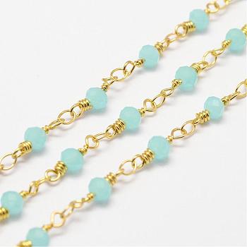 Handmade Glass Beaded Chains, with Spool, Unwelded, Faceted Rondelle, Imitation Jade, with Brass Findings, Golden, Turquoise, 4mm, about 32.8 Feet(10m)/roll