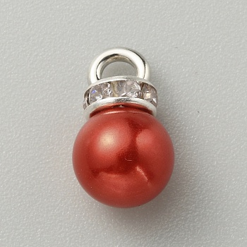 ABS Plastic Imitation Pearl Charms, with Resin Rhinestone, Round Charm, FireBrick, 13x8mm, Hole: 3mm