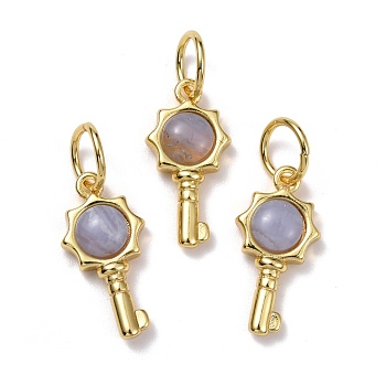 Natural Blue Lace Agate Pendants, with Golden Brass Findings, Key, 20x10x4mm, Hole: 6.2mm