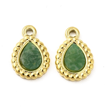 Natural African Jade Teardrop Charms, with Vacuum Plating Real 18K Gold Plated 201 Stainless Steel Findings, 15x10x2.5mm, Hole: 1.8mm