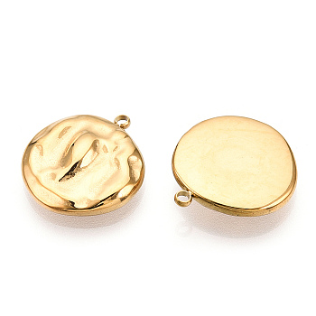304 Stainless Steel Pendants,  Manual Polishing, Textured, Flat Round Charm, Real 14K Gold Plated, 19.5x17.5x4mm, Hole: 1.6mm