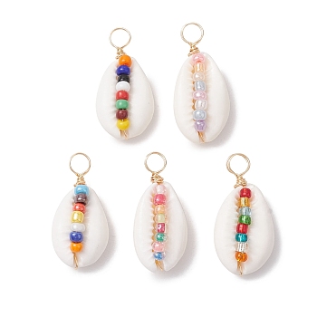 Natural Shell Pendants, Rainbow Color Glass Seed Bead Copper Wire Wrapped Charms, Golden, Mixed Color, 27.5~29.5x13~14.5x9~10.5mm, Hole: 4.5mm