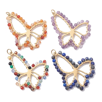 Natural Mixed Gemstone Faceted Pendants, 201 Stainless Steel Butterfly Charms, Golden, 34x36x3mm, Hole: 3.6mm
