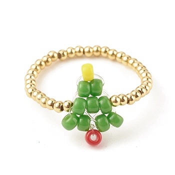 Christmas Tree Glass Seed & Brass Beaded Finger Ring, Braided Jewelry for Women, Colorful, US Size 7 3/4(17.9mm)
