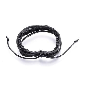 Adjustable Leather Cord Multi-Strand Bracelets, with PU Leather Cords, Black, 2-1/8 inch(52mm)