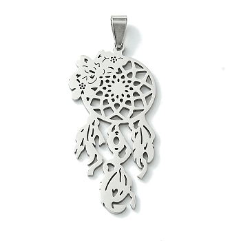 201 Stainless Steel Big Pendants, Woven Web/Net with Feather Charm, Stainless Steel Color, 51.5x25x1.5mm, Hole: 8x4mm
