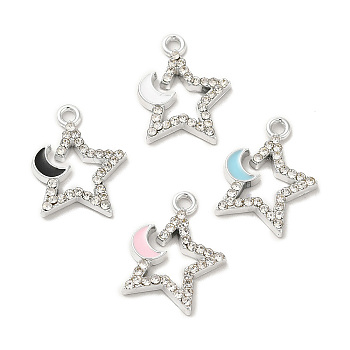 Rack Plating Alloy Rhinestone Pendants, with Enamel, Nickel Free, Star with Moon Charms, Platinum, Mixed Color, 17x13x2mm, Hole: 1.6mm