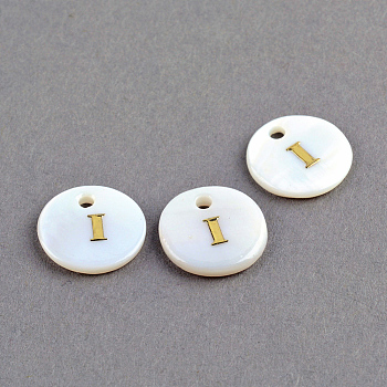 Freshwater Shell Pendants, Flat Round with Gold Blocking Letter.I, 11.5x2mm, Hole: 1.5mm
