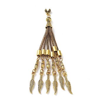 Tibetan Style Alloy Curb Chain Tassel Big Pendants, Feather, Antique Golden, 116x8.5mm, Hole: 3.5mm