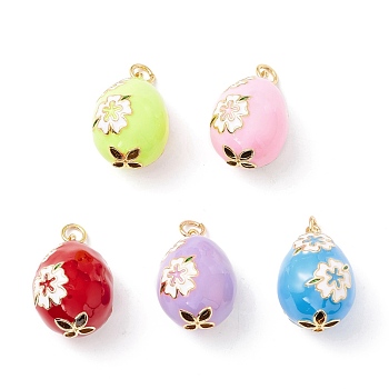Rack Plating Brass Enamel Pendants, Long-Lasting Plated, Real 18K Gold Plated, Cadmium Free & Nickel Free & Lead Free, Oval with Flower, Mixed Color, 22x15mm, Jump Ring: 5x0.8mm, 3.5mm Inner Diameter
