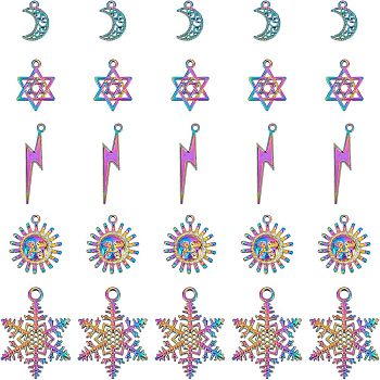 NBEADS 25Pcs 5 Styles Rainbow Color Alloy Pendants, Sun & Snowflake & Lightning Bolt & Moon & Star of David, 5pcs/style