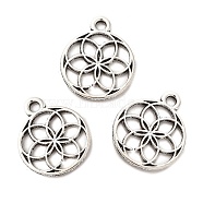 Tibetan Style Alloy Pendants, Hollow, Flat Round with Flower, Antique Silver, 17x14x1mm, Hole: 1.7mm, about 833pcs/500g(TIBE-B001-13AS)