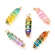 Glass Pendants, with Glass Double Terminated Point Beads and Real 18K Gold Plated Brass Findings, Bullet, Mixed Color, 36~37x10.5~11mm, Hole: 2~4mm(PALLOY-JF00957)
