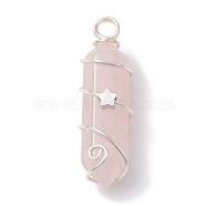 Natural Rose Quartz Double Terminal Pointed Pendants, Faceted Bullet Charms with Star Copper Wire Wrapped, Silver, 36~37x10~10.5x11mm, Hole: 3.5mm(PALLOY-JF02673-03)