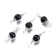 Natural Obsidian Links Connectors, Wire Wrapped Links, with Platinum Tone Brass Wires, Round, Undyed, 34x11x10mm, Hole: 2.5mm(G-K305-A06-P)