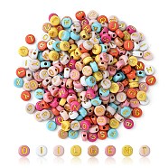 Opaque Mixed Color Acrylic Beads, Metal Enlaced, Flat Round with Random Letters, Golden Plated, 7x4mm, Hole: 1.8mm(MACR-YW0002-48A)