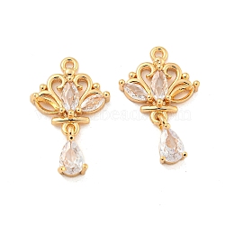 Brass Micro Pave Clear Cubic Zirconia Pendants, Flower & Teardrop Charms, Real 18K Gold Plated, 23x13.5x4mm, Hole: 1.2mm(KK-G492-02G)