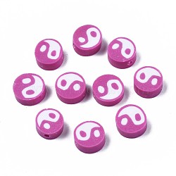 Handmade Polymer Clay Beads, Flat Round with Yin Yang, Old Rose, 9~10x9~10x4~7mm, Hole: 2mm(CLAY-T016-65J)