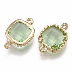 Glass Links connectors, with Brass Findings, Faceted, Square, Golden, Light Green, 14.5x9.5x3.5mm, Hole: 0.8~1.2mm(GLAA-S179-07G)