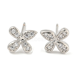 Rack Plating Brass Micro Pave Clear Cubic Zirconia Stud Earrings, with Ear Nuts, Long-Lasting Plated, Flower, Clear, 7.5x8.5mm(EJEW-N055-02P-04-RS)