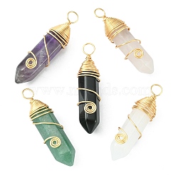 Natural Mixed Gemstone Copper Wire Wrapped Pointed Pendants, Faceted Bullet Charms, Real 18K Gold Plated, 36.5~40x9.5~10x9.5~10mm, Hole: 4mm(PALLOY-JF02112)