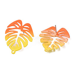 Spray Painted Iron Stud Earring Findings, with Horizontal Loops, Monstera Leaf, Dark Orange, 28.5x24mm, Hole: 1.4mm, Pin: 0.7mm(IFIN-N008-019-A03)