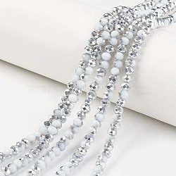 Electroplate Opaque Glass Beads Strands, Half Silver Plated, Faceted, Rondelle, White, 3.5x3mm, Hole: 0.4mm, about 123~127pcs/strand, 13.7~14.1 inch(35~36cm)(EGLA-A034-P3mm-M15)