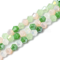 Electroplate Glass Beads Strands, Opaque & Transparent & AB Color Plated, Faceted, Bicone, Green, 4x4.5mm, Hole: 0.9mm, about 94~95pcs/strand, 13.86''(35.2cm)(X-EGLA-D018-02B)