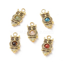 Natural & Synthetic Mixed Gemstone Pendants, Animal Charm, with Antique Golden Plated Tibetan Style Alloy Findings and Iron Loops, Mixed Dyed and Undyed, Owl Pattern, 24x11.5x4.5mm, Hole: 2.7mm(PALLOY-JF01919-01)