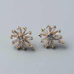 Brass Pave Clear Cubic Zirconia Stud Earrings Finding, with 925 Silver Pin and Vertical Loop, Flower, Real 18K Gold Plated, 15x12.5mm, Hole: 1.2mm, Pin: 0.6mm(FIND-WH0152-97)