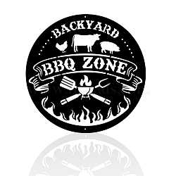 Iron Wall Art Decorations, Backyard BBQ Zone Sign, for Restaurant, Matte Style, Flat Round, Tableware Pattern, 300x1mm(HJEW-WH0067-058)