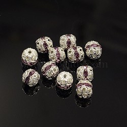 Brass Rhinestone Beads, Silver Color, Lt.Amethyst, Round, about 6mm in diameter, hole: 1mm(RSB417-6mm-16S)