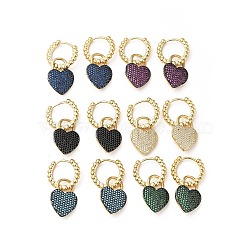 Cubic Zirconia Heart Padlock Dangle Hoop Earrings, Real 18K Gold Plated Brass Jewelry for Women, Cadmium Free & Lead Free, Mixed Color, 30mm, Pin: 1mm(KK-E060-01G)
