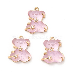 Transparent Resin Crystal Rhinestone Pendants, Bear Charms, with Rack Plating Real 14K Gold Plated Brass Findings, Cadmium Free & Lead Free, Pearl Pink, 23x20.5x10mm, Hole: 1.8mm(X-KK-H438-04G-03)