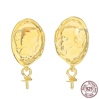 925 Sterling Silver Stud Earring Findings, with Shell & S925 Stamp, for Half Drilled Pearl Beads, Oval with Woman, Real 18K Gold Plated, 18.5x8.5mm, Pin: 0.6mm & 0.7mm