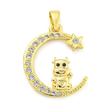 Brass Micro Pave Clear Cubic Zirconia Pendant, The 12 Chinese Zodiac, Cattle, 20.5x16.5x3mm, Hole: 5x3mm