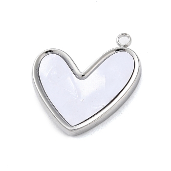 304 Stainless Steel with Synthetic Shell Pendants, Heart Charms, Stainless Steel Color, 22x20x3mm, Hole: 1.8mm