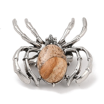 Natural Picture Jasper Brooches, with Alloy Findings, Spider, Antique Silver, 37x34x8mm