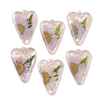 Epoxy Resin Pendants, Cadmium Free & Lead Free, Inner Flower, Heart, 31x22x3mm, Hole: 1.8mm