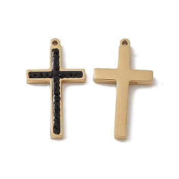 Vacuum Plating 201 Stainless Steel Pendants, Jet Rhinestone Cross Charms, Real 18K Gold Plated, 21x11.5x2mm, Hole: 1mm