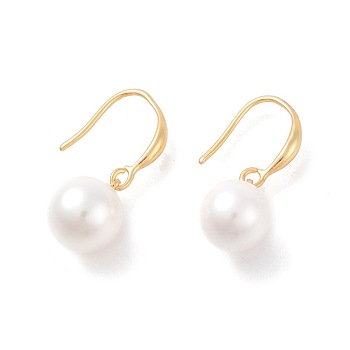 Shell Pearl Dangle Earrings, with Brass Earring Hooks, Round, Golden, 27mm, Pin: 0.9mm
