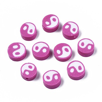 Handmade Polymer Clay Beads, Flat Round with Yin Yang, Old Rose, 9~10x9~10x4~7mm, Hole: 2mm