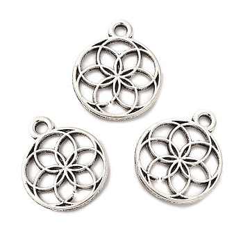 Tibetan Style Alloy Pendants, Hollow, Flat Round with Flower, Antique Silver, 17x14x1mm, Hole: 1.7mm, about 833pcs/500g