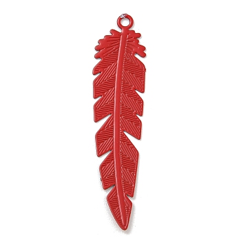 Spray Painted Brass Pendants,  Long-Lasting Plated, Feather, Red, 34.5x8x0.2mm, Hole: 1.3mm