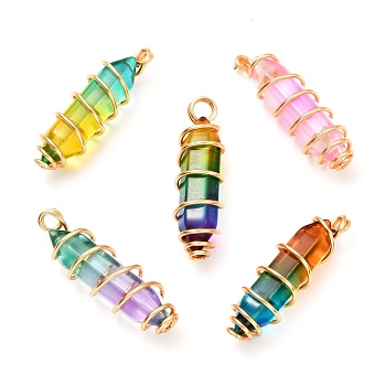 Glass Pendants, with Glass Double Terminated Point Beads and Real 18K Gold Plated Brass Findings, Bullet, Mixed Color, 36~37x10.5~11mm, Hole: 2~4mm