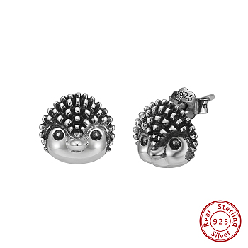 925 Sterling Silver Stud Earrings, Hedgehog, Antique Silver, 9x9.5mm