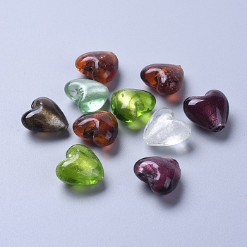 Handmade Silver Foil Glass Beads, for Mother's Day Gift Making, Heart, Mixed Color, about 20mm wide, 20mm long, 13~14mm thick, hole: 1~2mm