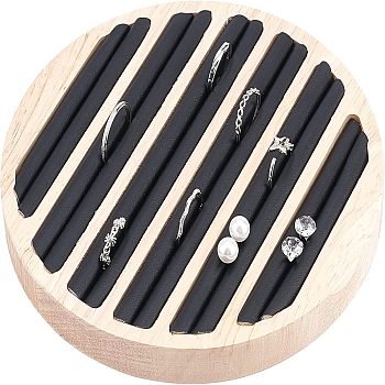 6-Slot Wood Finger Ring Display Plate, Ring Organizer Holder Covered by PU Leather, Flat Round, Black, 14.95x1.7cm