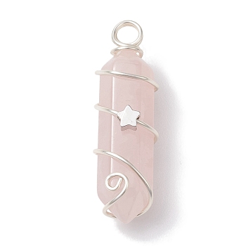 Natural Rose Quartz Double Terminal Pointed Pendants, Faceted Bullet Charms with Star Copper Wire Wrapped, Silver, 36~37x10~10.5x11mm, Hole: 3.5mm