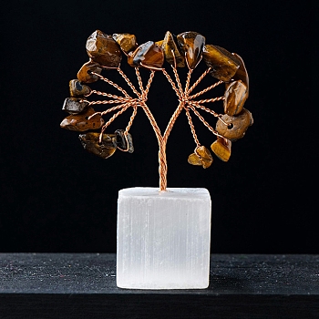 Natural Tiger Eye Chips Tree of Life Decorations, Natural Selenite Cube Base Copper Wire Feng Shui Energy Stone Gift for Women Men Meditation, 60mm